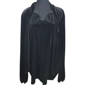 Talbots Black Velvet Blouse V Neck Blouse With Tie Size XL